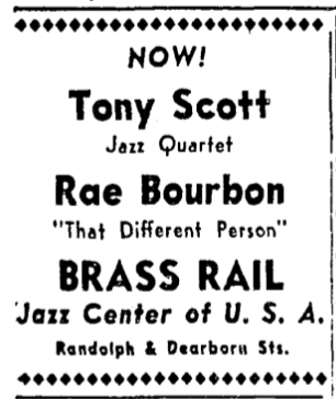 Ad for "Rae Bourbon - That Different Person" at the Brass Rail in Chicago