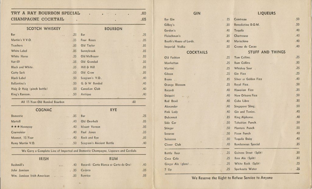 Inside of drink menu for Ray's nightclub, the Rendezvous, showing various drink prices, including the "Bourbon Special"